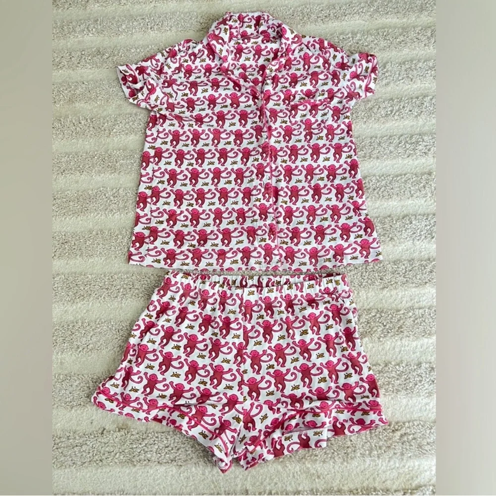 Roller Rabbit Pink Monkey Polo Pajamas PJ Shorts Set- Large - Picture 2 of 2
